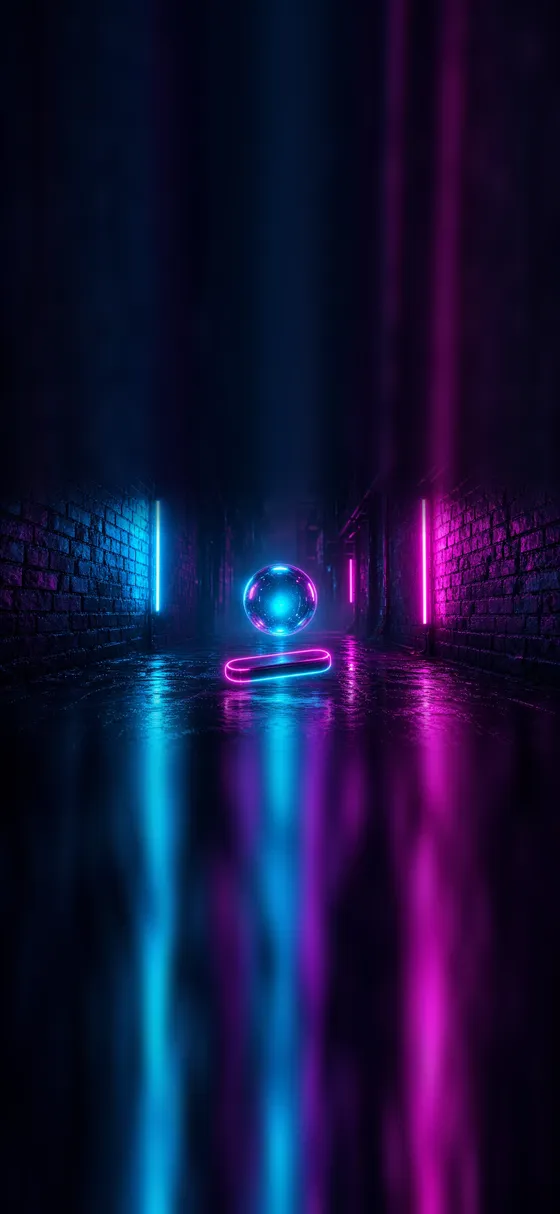Brick N' Break splash art: a glowing ball hovering over a neon paddle in a rain-slick alley